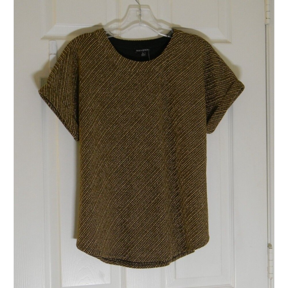 ava & grace Gold Black Stripes Pull Over Shirt Stretch Holiday Formal Travel NWT